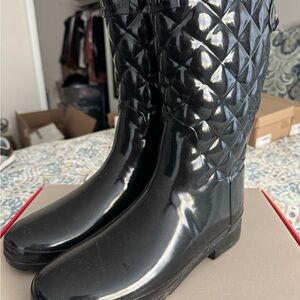 Hunter Quilted Black Rain Boots with Gold Buckle